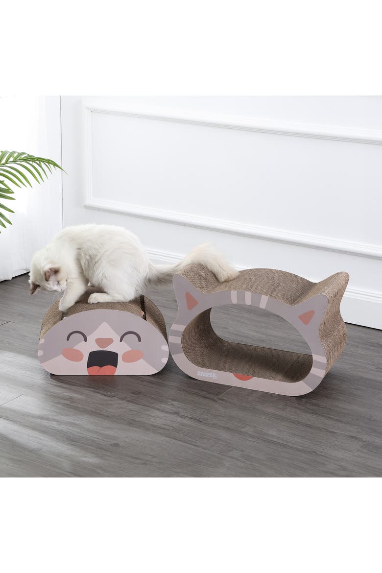 Opal Modern Cardboard Happy Cat Head 2-in-1 Cat Cave Scratcher with Built-In Bell Toys and Catnip, Alternate, color, Muted Pink/Cream