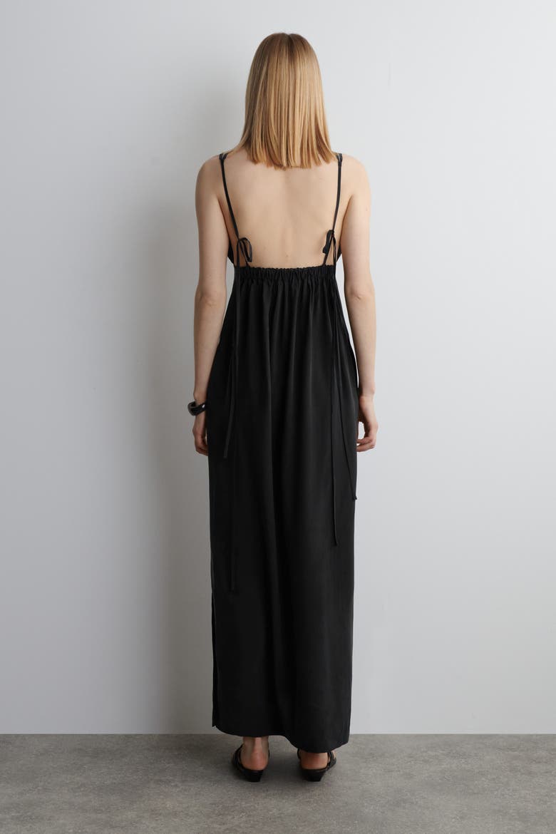 Gathered V-Neck Maxi Dress, Alternate, color, WASHED BLACK