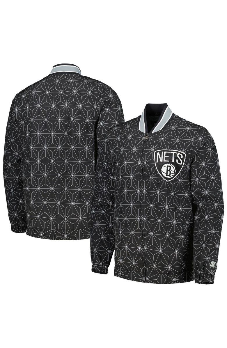 STARTER Men's Starter Black Brooklyn Nets In-Field Play Fashion Satin Full-Zip Varsity Jacket, Main, color, Black