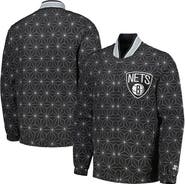 STARTER Men's Starter Black Brooklyn Nets In-Field Play Fashion Satin Full-Zip Varsity Jacket