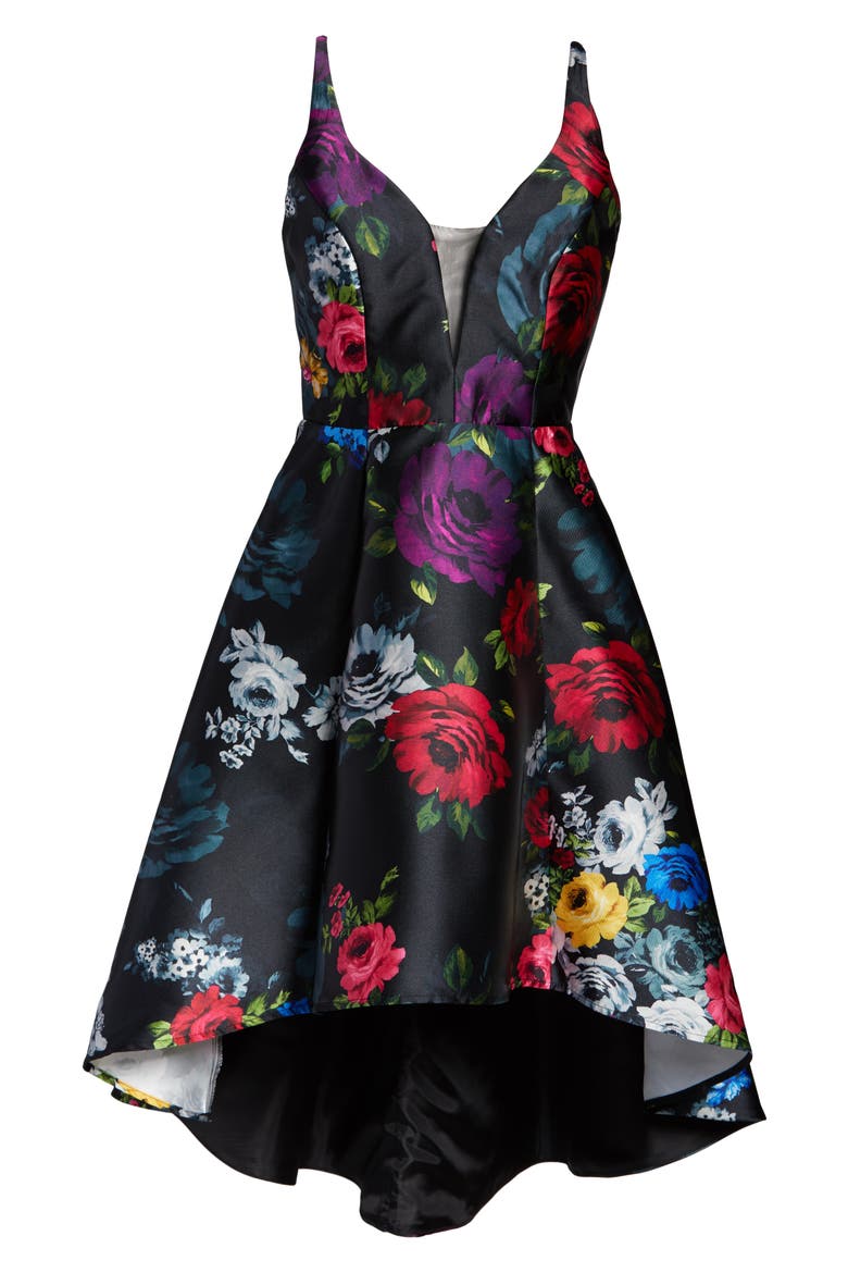 Floral Print High/Low Mikado Cocktail Dress, Alternate, color, BLACK/ MULTI