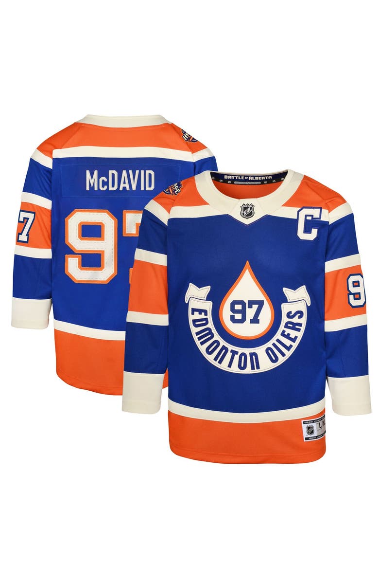 Outerstuff Youth Connor McDavid Royal Edmonton Oilers 2023 NHL Heritage Classic Premier Player Jersey, Main, color,