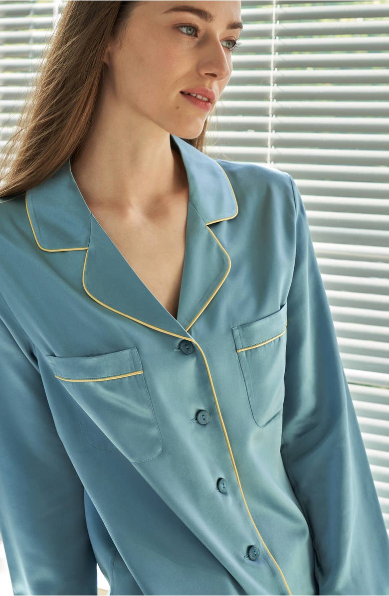 Lilysilk Gold Piping Silk Pajamas Set, Alternate, color, Blue Haze