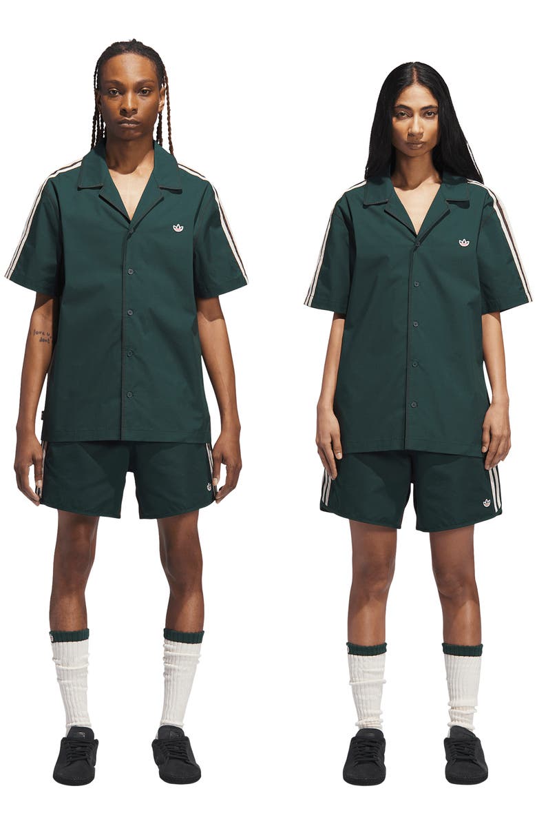 ADIDAS ORIGINALS X CLOT BY EDISON CHEN Colorblock Stretch Cotton & Nylon Camp Shirt, Alternate, color, Green/ Dark Brown