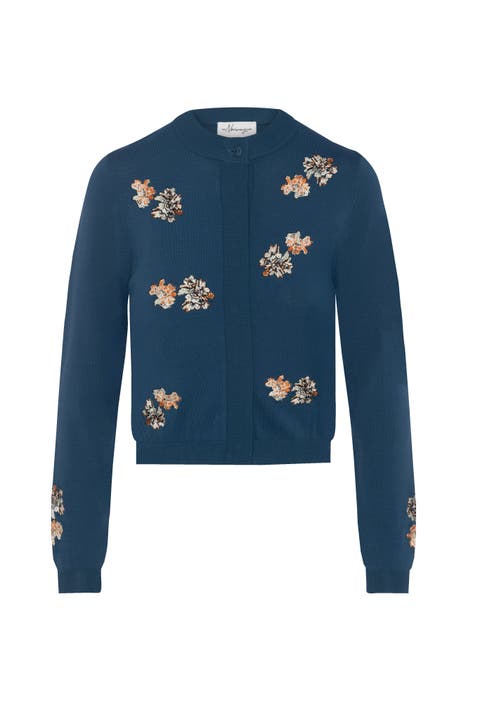 Embroidered Cropped Floral Button Front Knit Cardigan