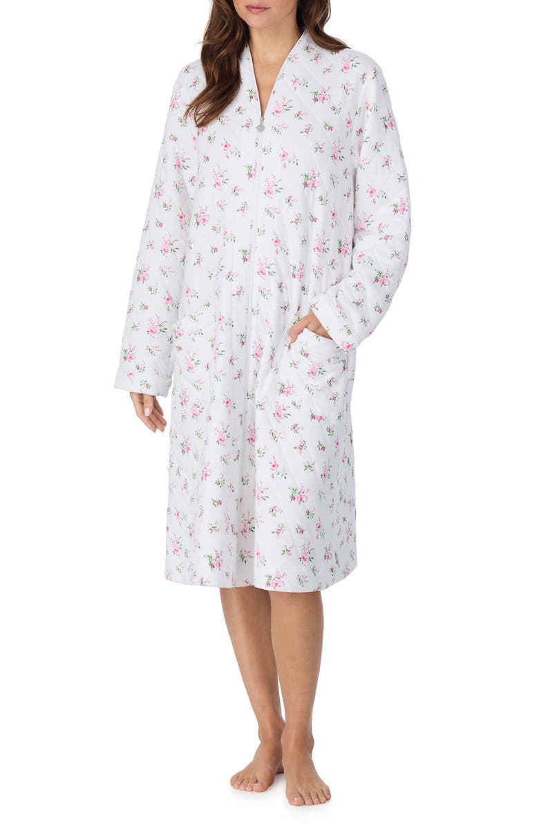 Eileen West Waltz Floral Zip-Up Quilted Cotton Robe, Alternate, color, Pink Bouqet
