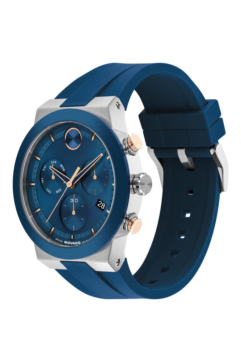 Bold Fusion Chronograph Silicone Strap Watch, 44.5mm, Alternate, color, BLUE
