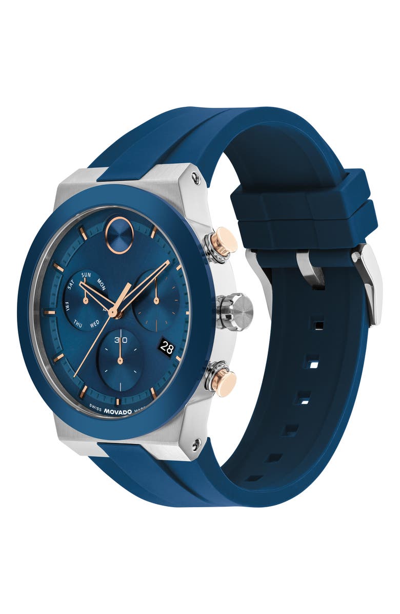 Movado Bold Fusion Chronograph Silicone Strap Watch, 44.5mm, Alternate, color, Blue