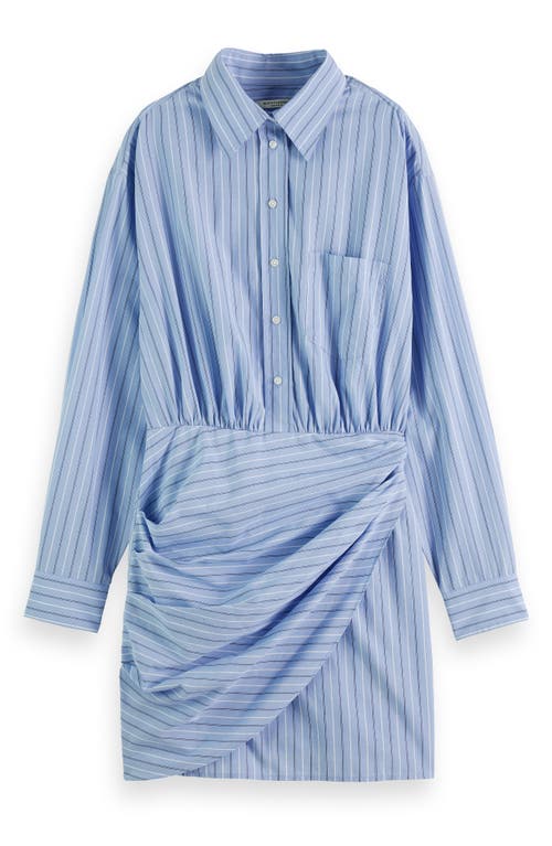 Scotch & Soda Long Sleeve Poplin Faux Wrap Shirtdress In Mystic Blue Stripe