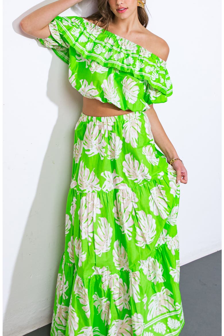 Palm Print Tiered Cotton Maxi Skirt, Alternate, color, GREEN IVORY