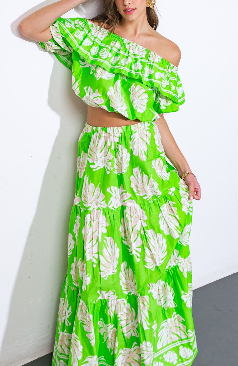 FLYING TOMATO Palm Print Tiered Cotton Maxi Skirt, Alternate, color, Green Ivory
