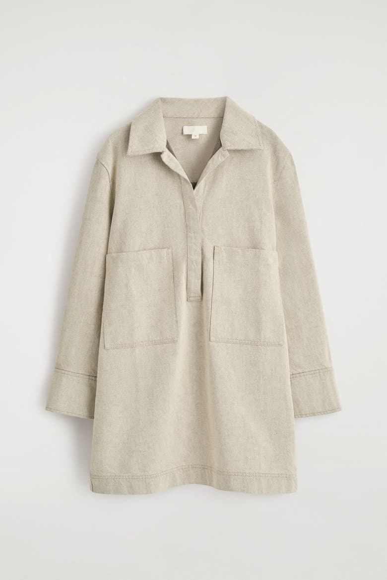 Open-Collar Denim Shirt Dress, Alternate, color, BEIGE