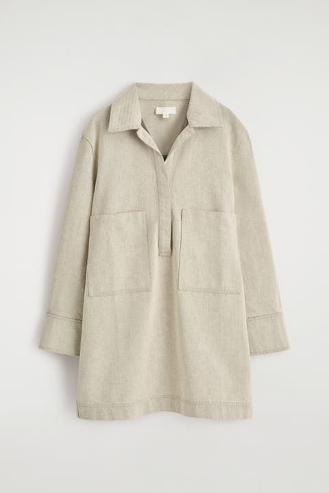 Open-Collar Denim Shirt Dress