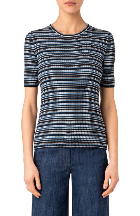 Stripe Short Sleeve Rib Virgin Merino Wool Sweater