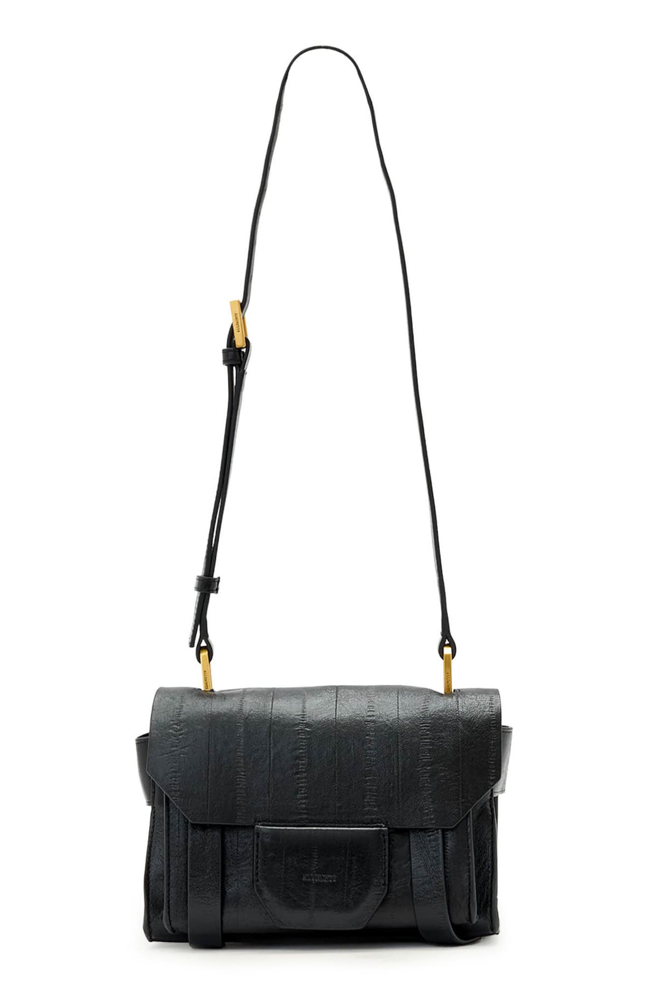 AllSaints Mini Ursa Eel Embossed Crossbody Bag, Main, color, Black