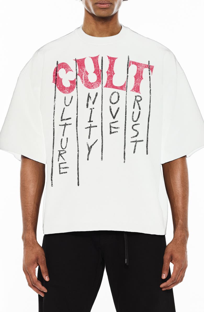 Cult of Individuality Boxy Fit Cotton Graphic T-Shirt, Main, color, White