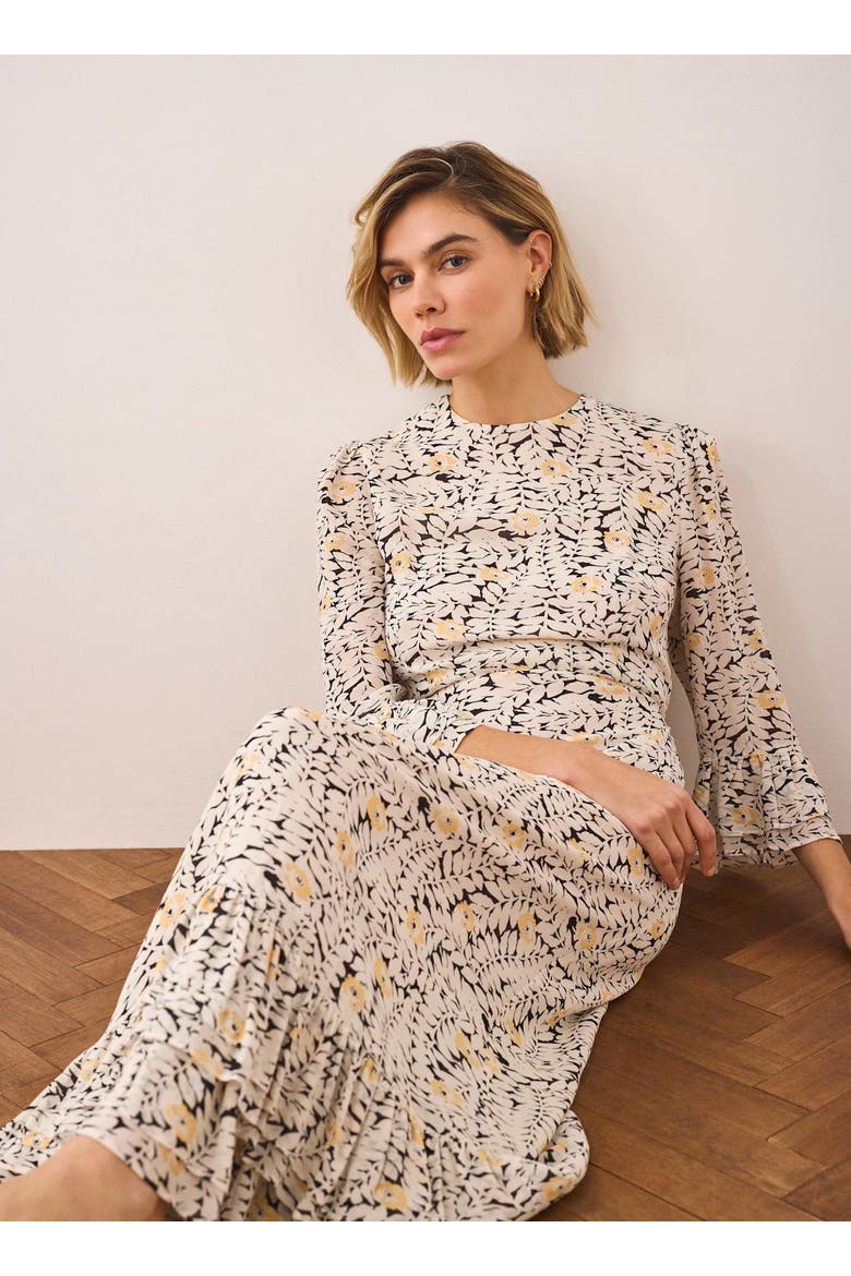 Floral Print Ruffle Midi Dress, Alternate, color, Black