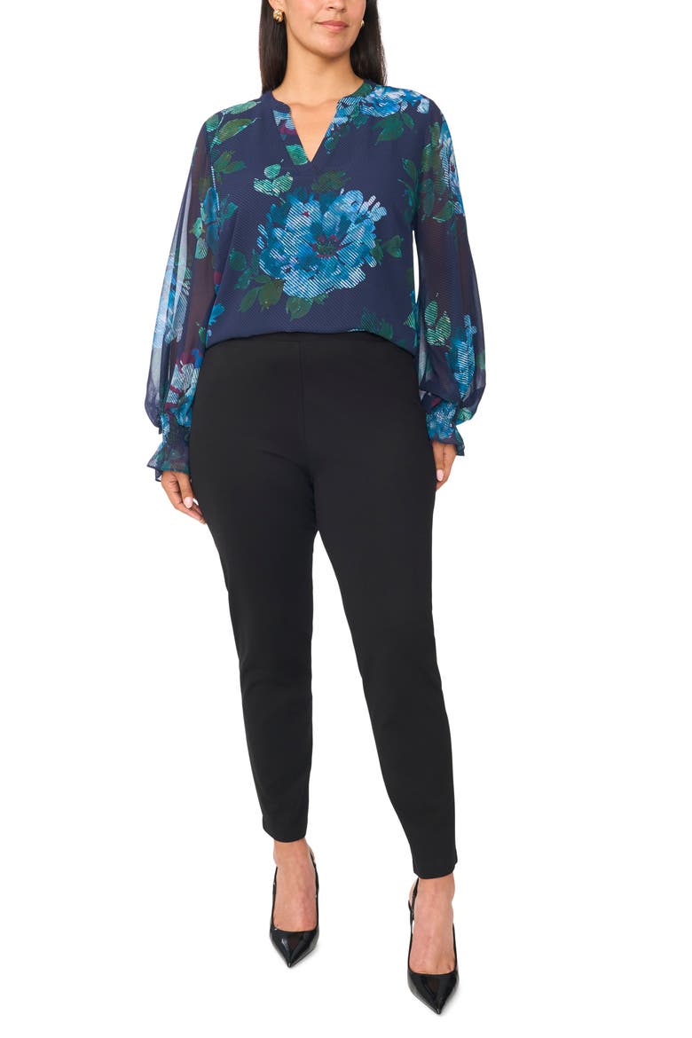 Floral Print Split Neck Top, Alternate, color, RICH NAVY