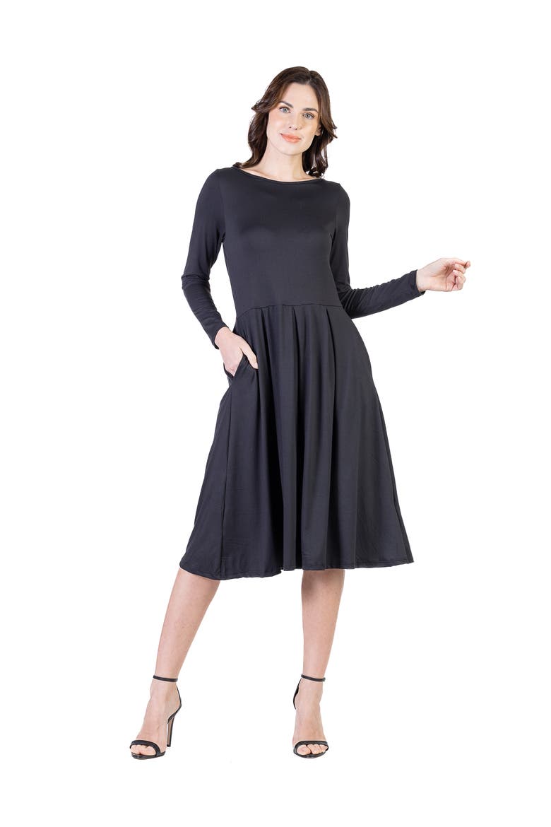 Midi Length Fit N Flare Pocket Dress, Main, color, Black