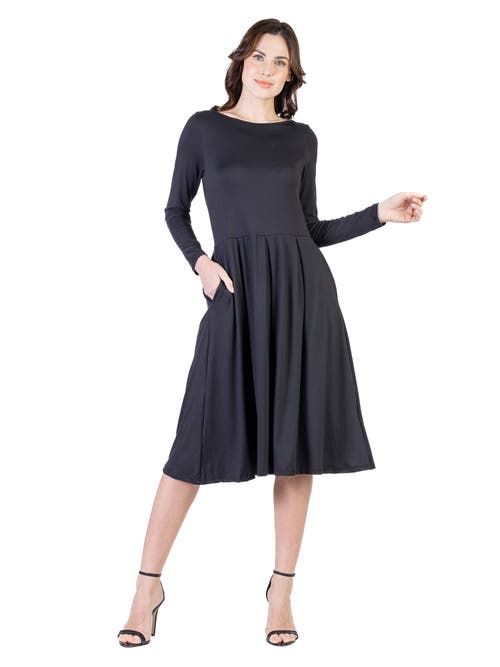 24seven Comfort Apparel Midi Length Fit N Flare Pocket Dress In Black