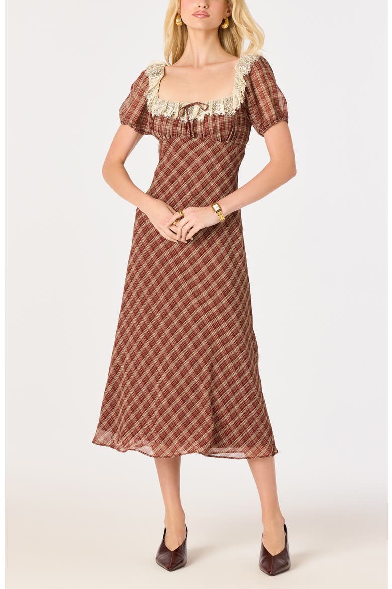 Edwardine Lace Trim Plaid Midi Dress, Main, color, WINE PLAID