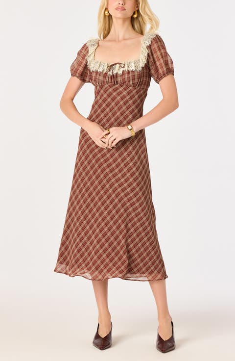 Edwardine Lace Trim Plaid Midi Dress