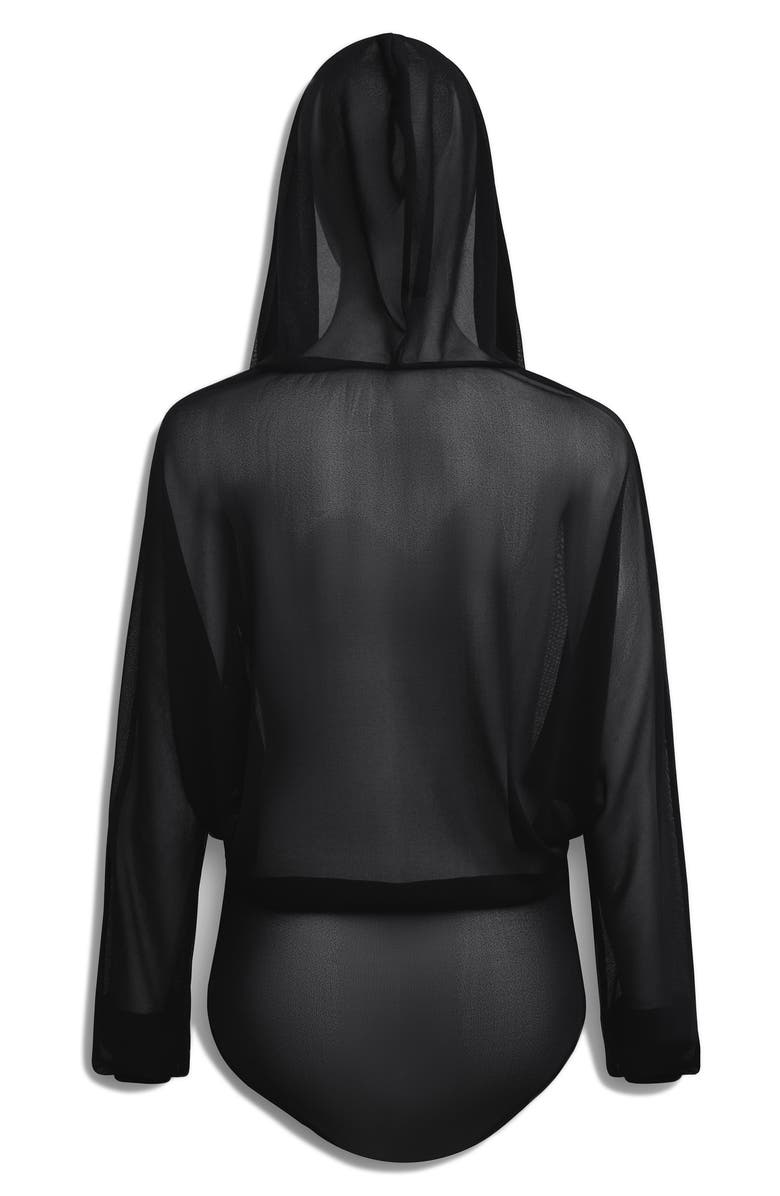 Alaïa Hooded Long Sleeve Mesh Bodysuit, Alternate, color, Noir Alaia