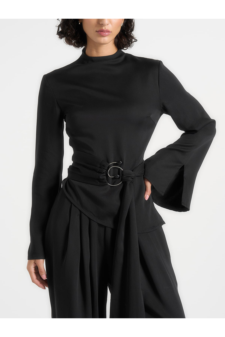 Aurore High Neck Pleated Jumpsuit With Wrap Waist, Alternate, color, Black