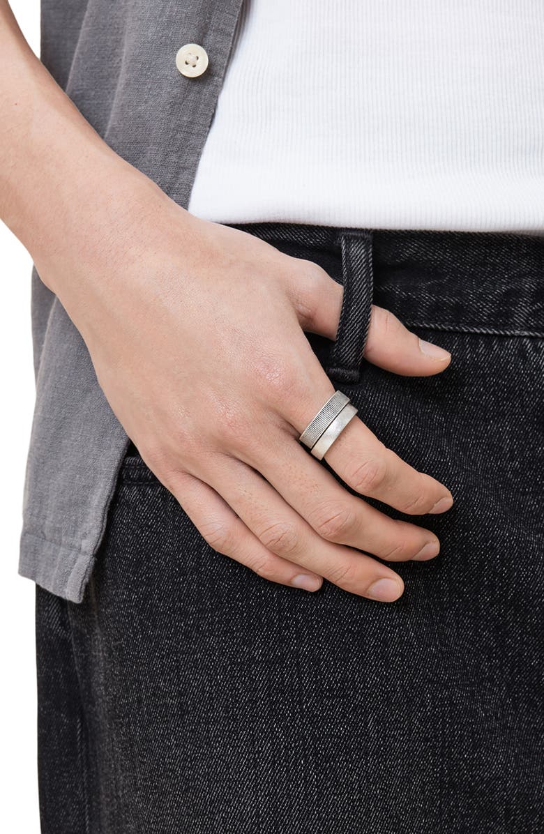 AllSaints Men's Set of 2 Textured Band Rings, Alternate, color, Warm Silver
