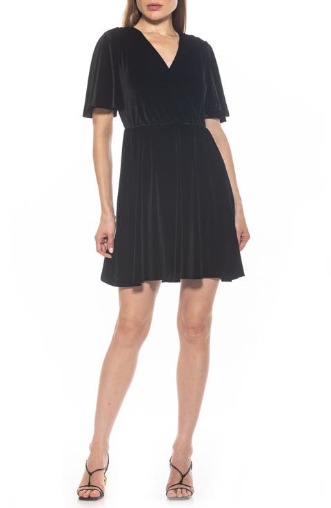 Oakless Velvet Flutter Sleeve Fit & Flare Dress