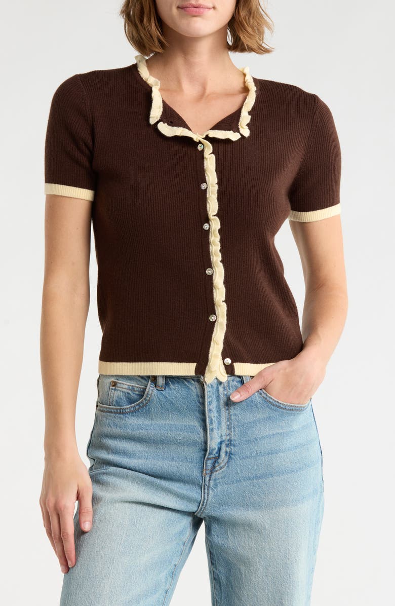 Joie Ruffle Short Sleeve Crop Cardigan, Main, color, Chocolate/ Sunny Glade