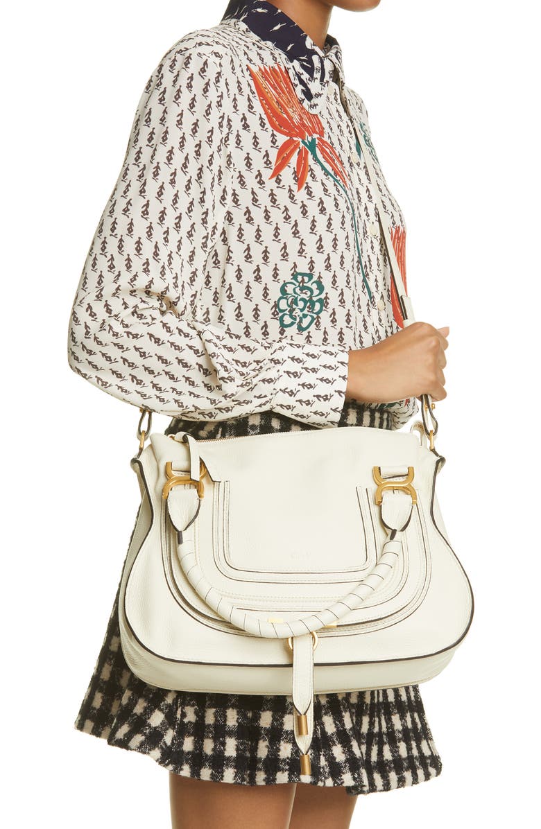 Chloé Medium Marcie Calfskin Leather Satchel, Alternate, color, Natural White