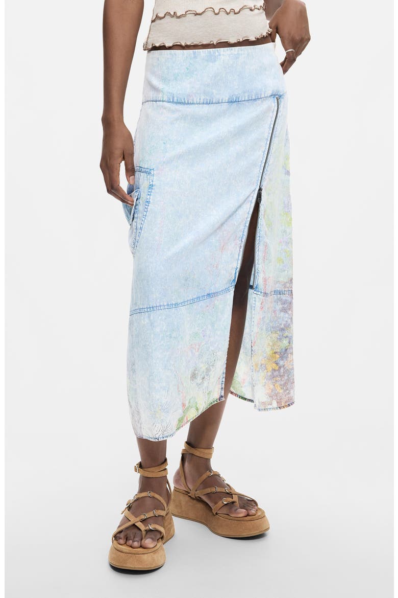 Graphic Print Straight Midi Denim Skirt, Main, color, LIGHT BLUE