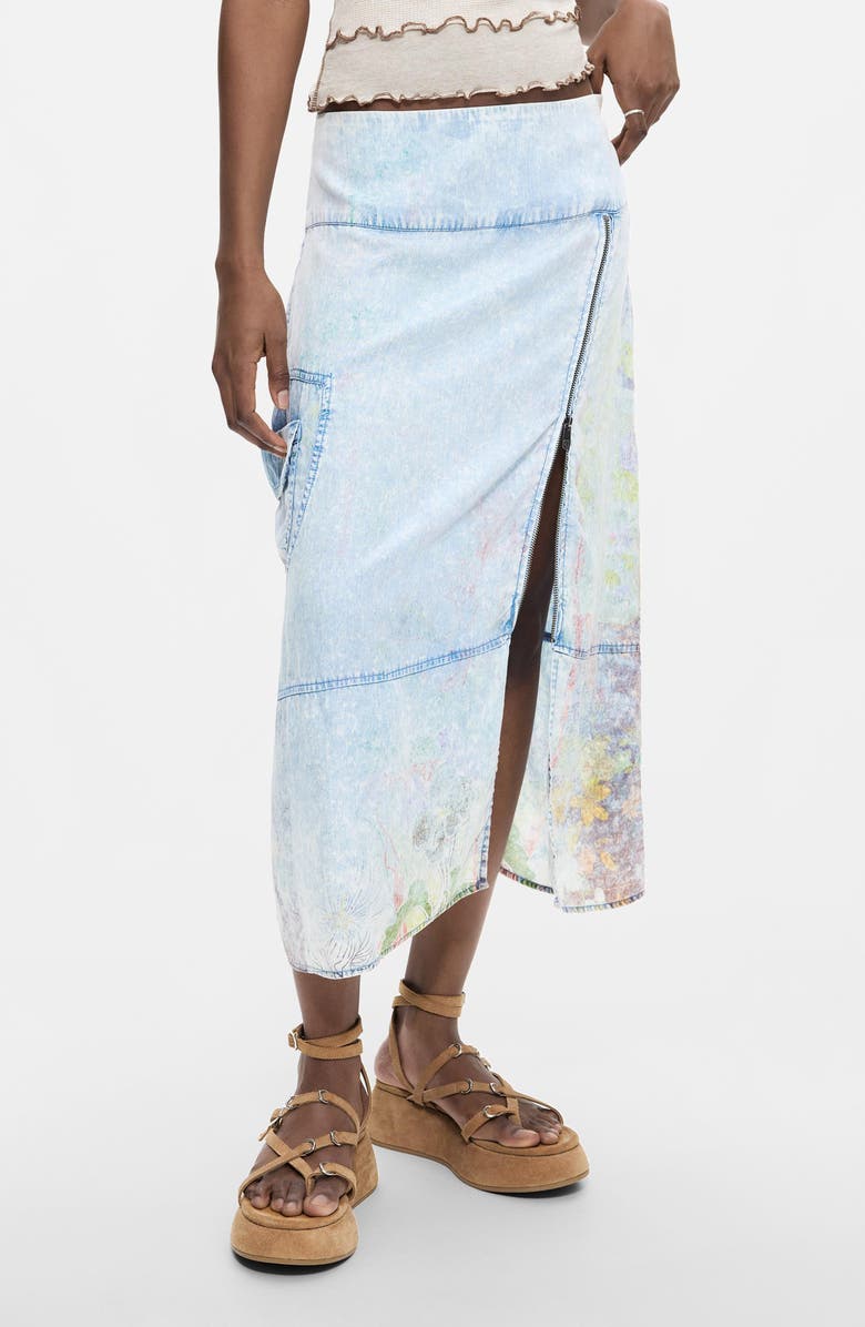 Desigual Graphic Print Straight Midi Denim Skirt, Main, color,