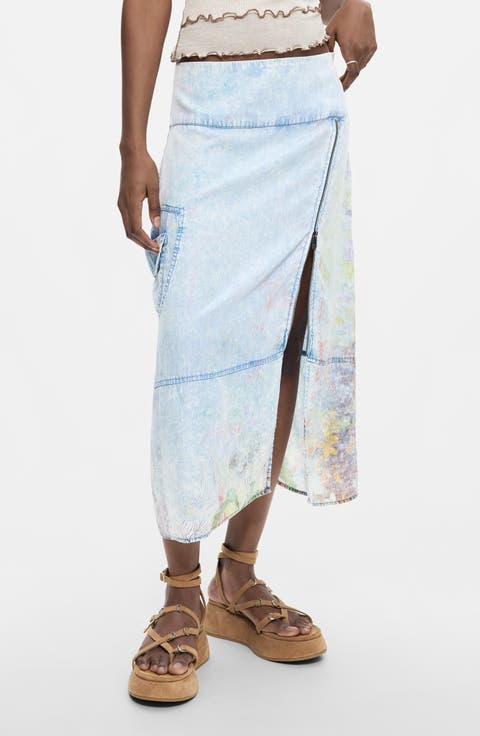 Graphic Print Straight Midi Denim Skirt