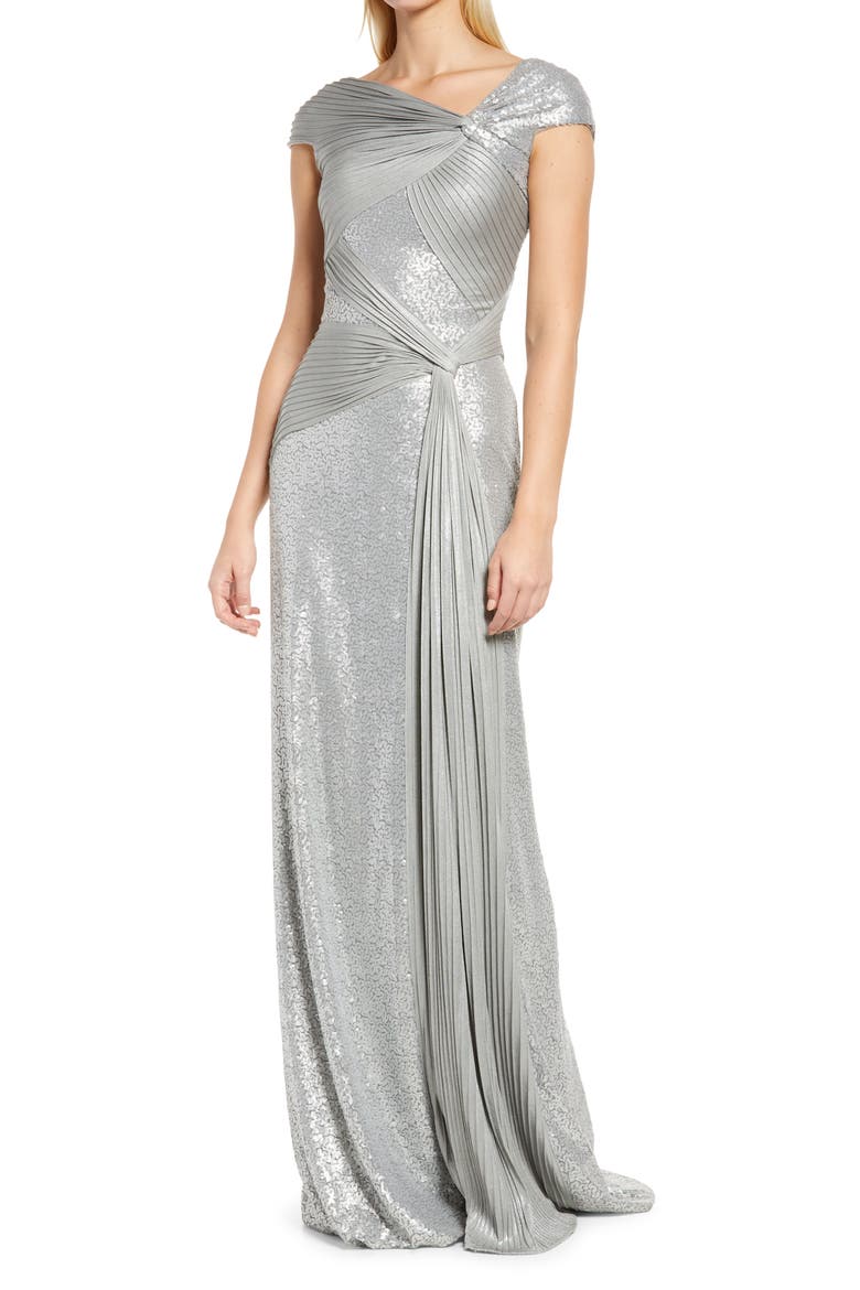 Pintuck Sequin Gown, Main, color, SILVER