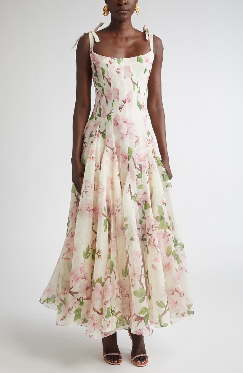 Oscar de la Renta Cherry Blossom Print Pleated Organza, Main, color, Pink/ Ivory