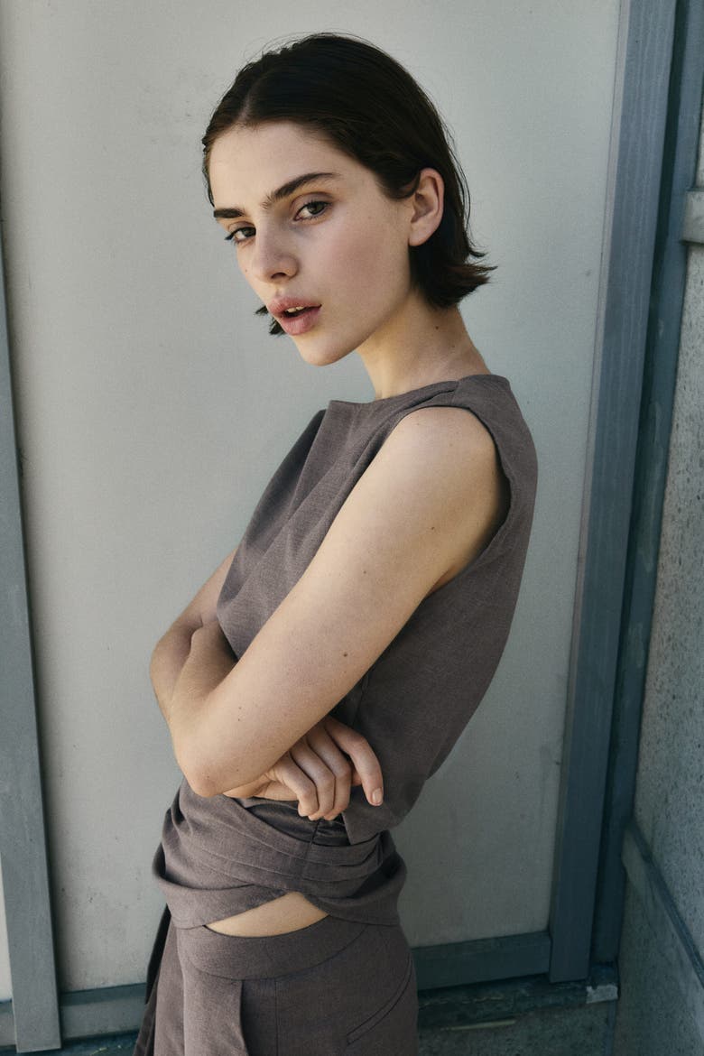 Tie-detail Boat-neck Top, Alternate, color, Dark taupe