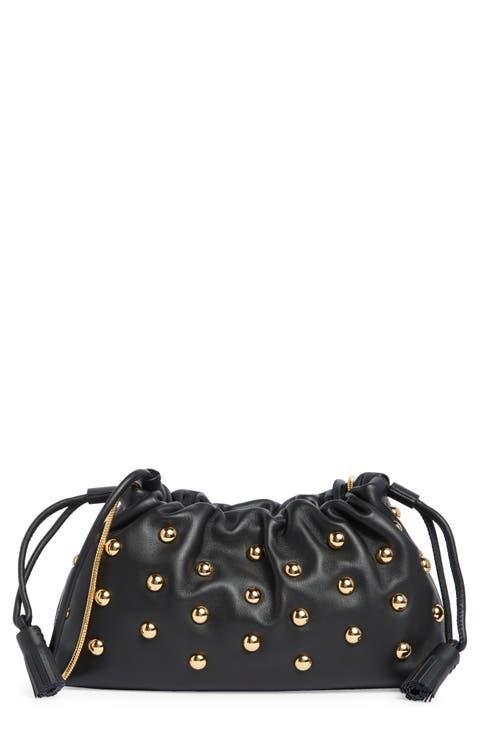 Small Stash Studded Leather Drawstring Clutch