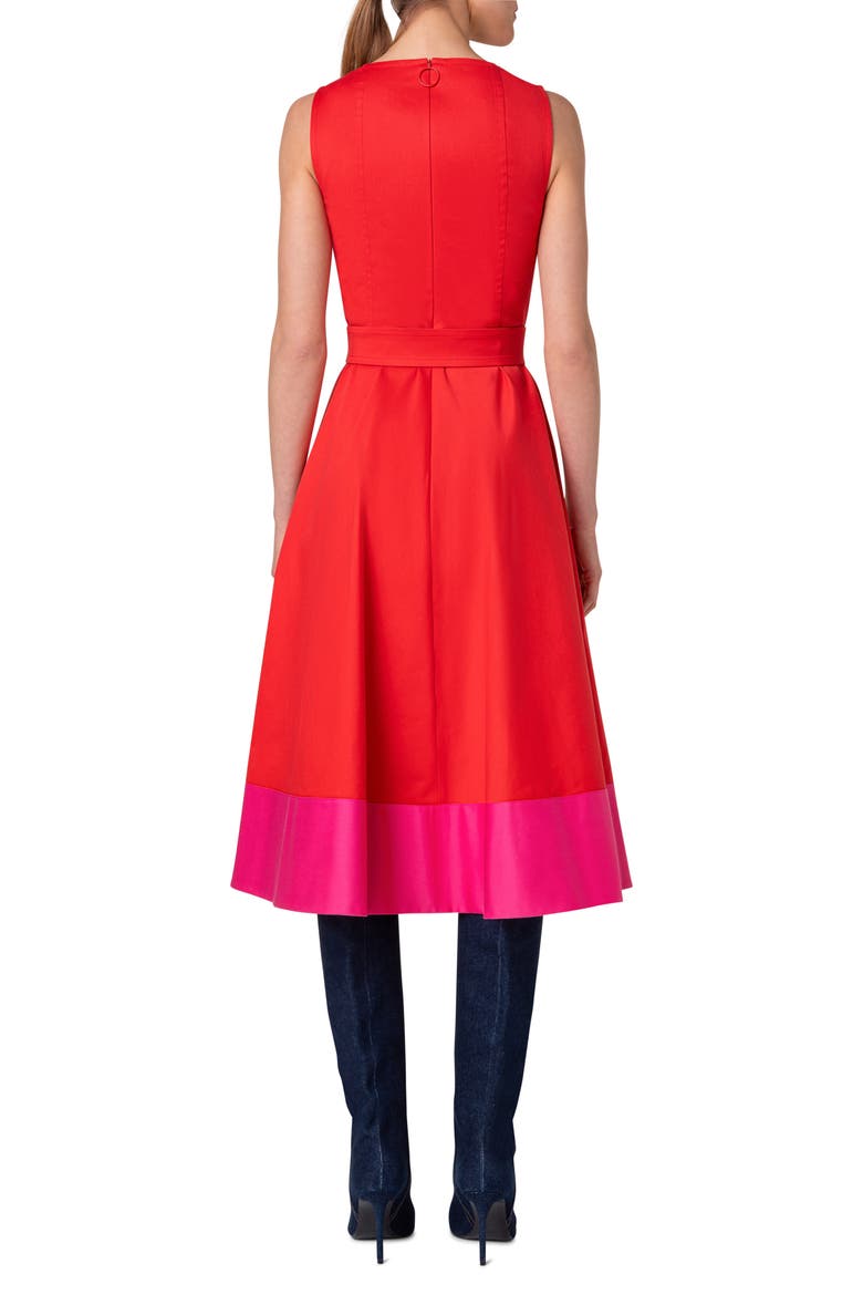 Color Border Belted Cotton Poplin Midi Dress, Alternate, color, RED-PINK