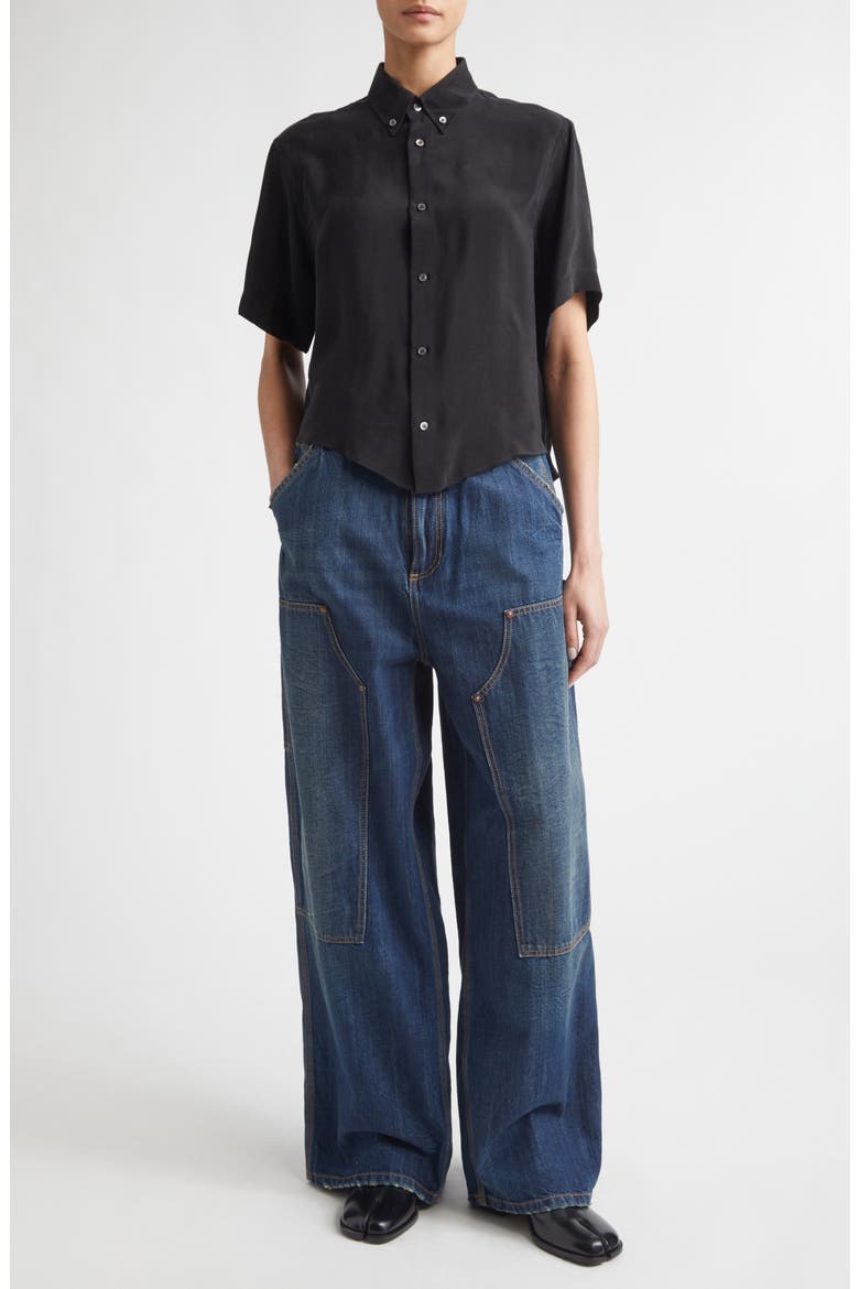 Short Sleeve Cupro Button-Down Shirt, Alternate, color, BLACK