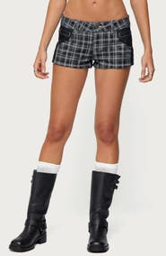 EDIKTED Carie Plaid Denim Shorts