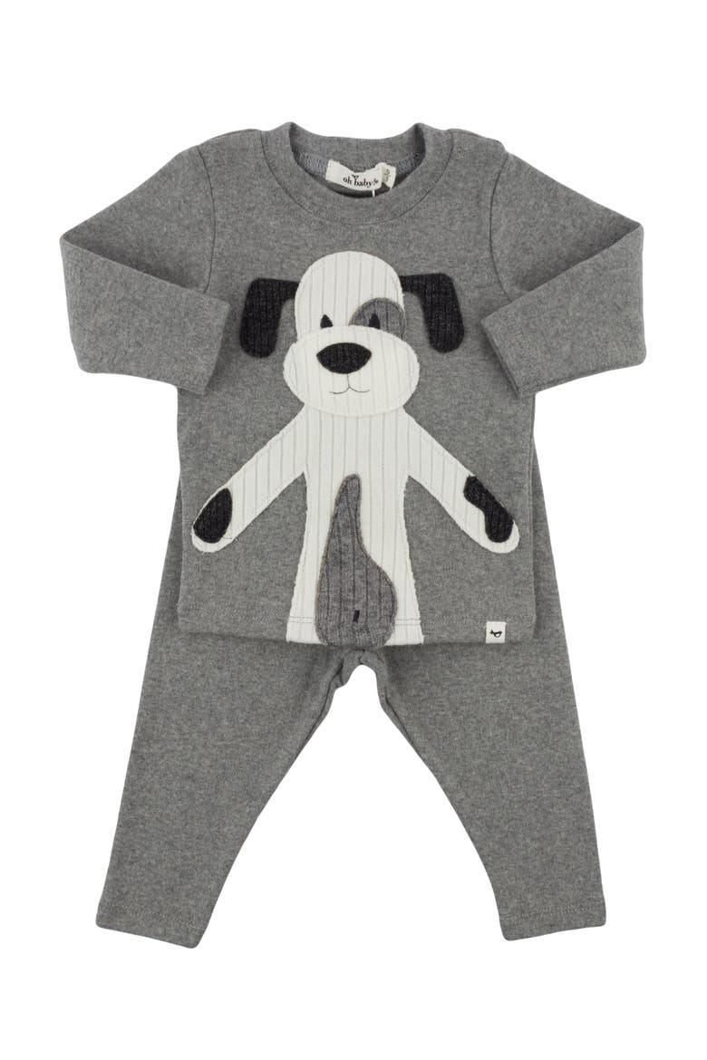 Large Cream Puppy Applique Long Sleeve Two Piece Set, Alternate, color, Coal