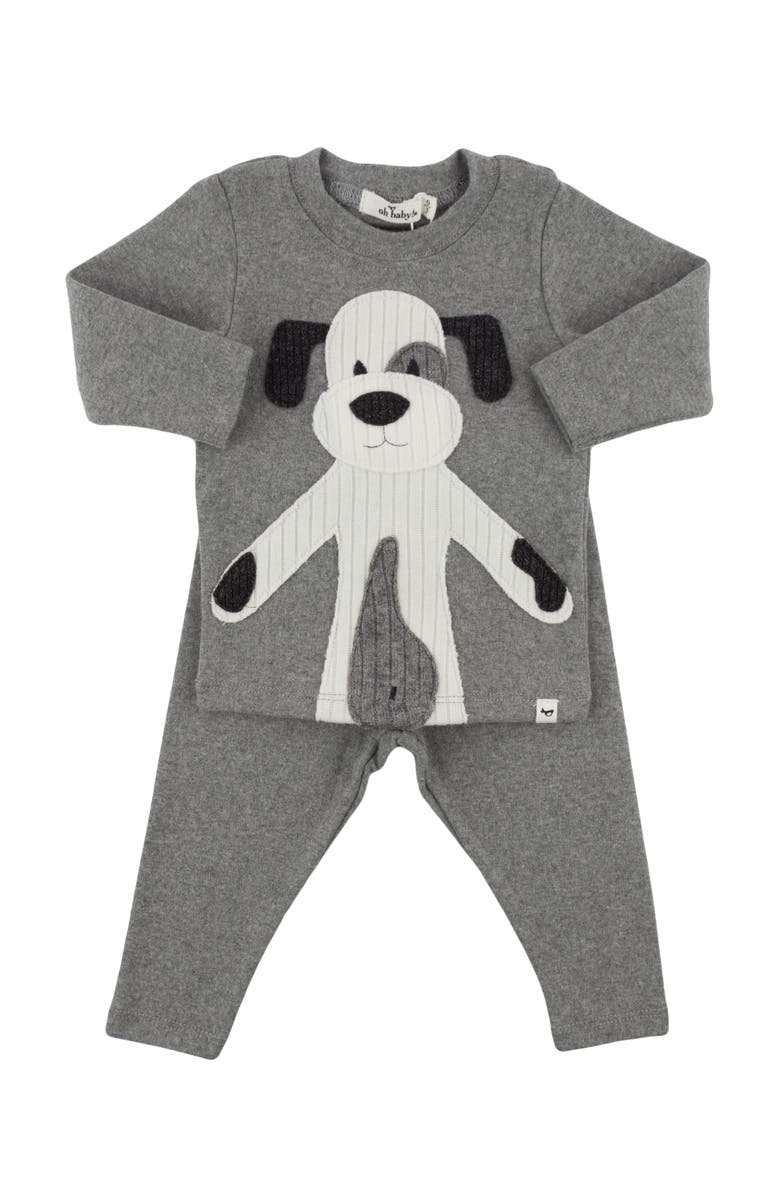 oh baby! Large Cream Puppy Applique Long Sleeve Two Piece Set, Alternate, color, Coal