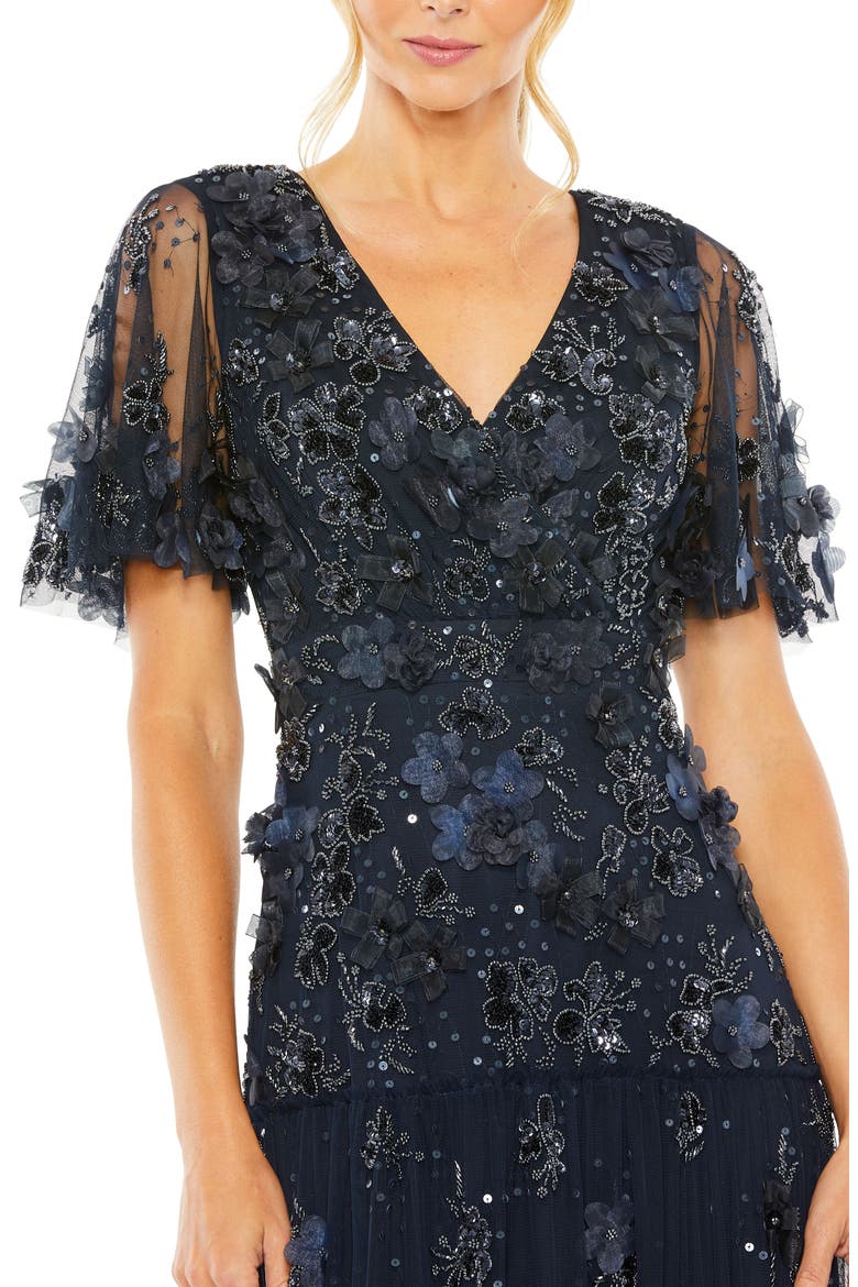 Women's Floral Appliqué Embellished Flutter Sleeve Midi Dress, Alternate, color, MIDNIGHT