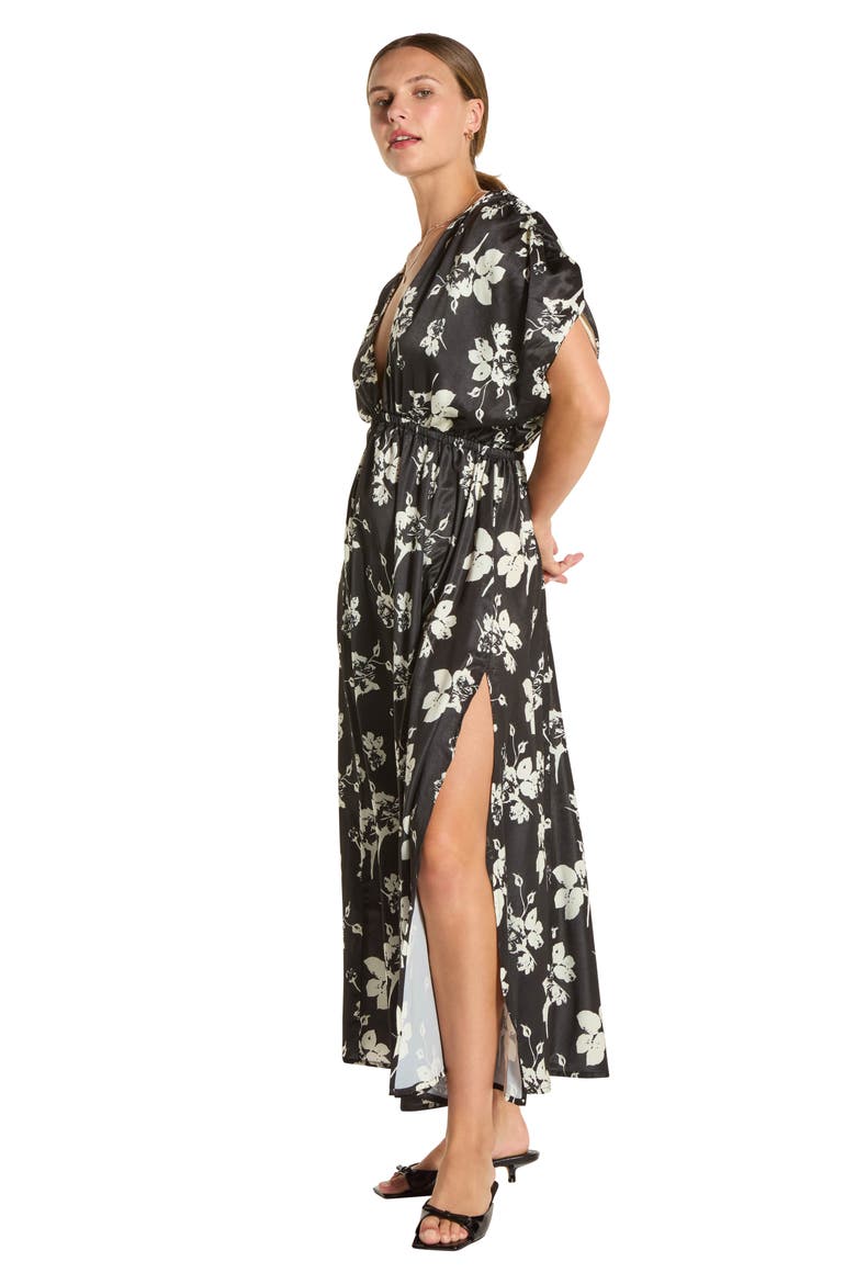 Puff Sleeve Drop Waist Side Slit Maxi Dress, Alternate, color, BLACK/ CREAM