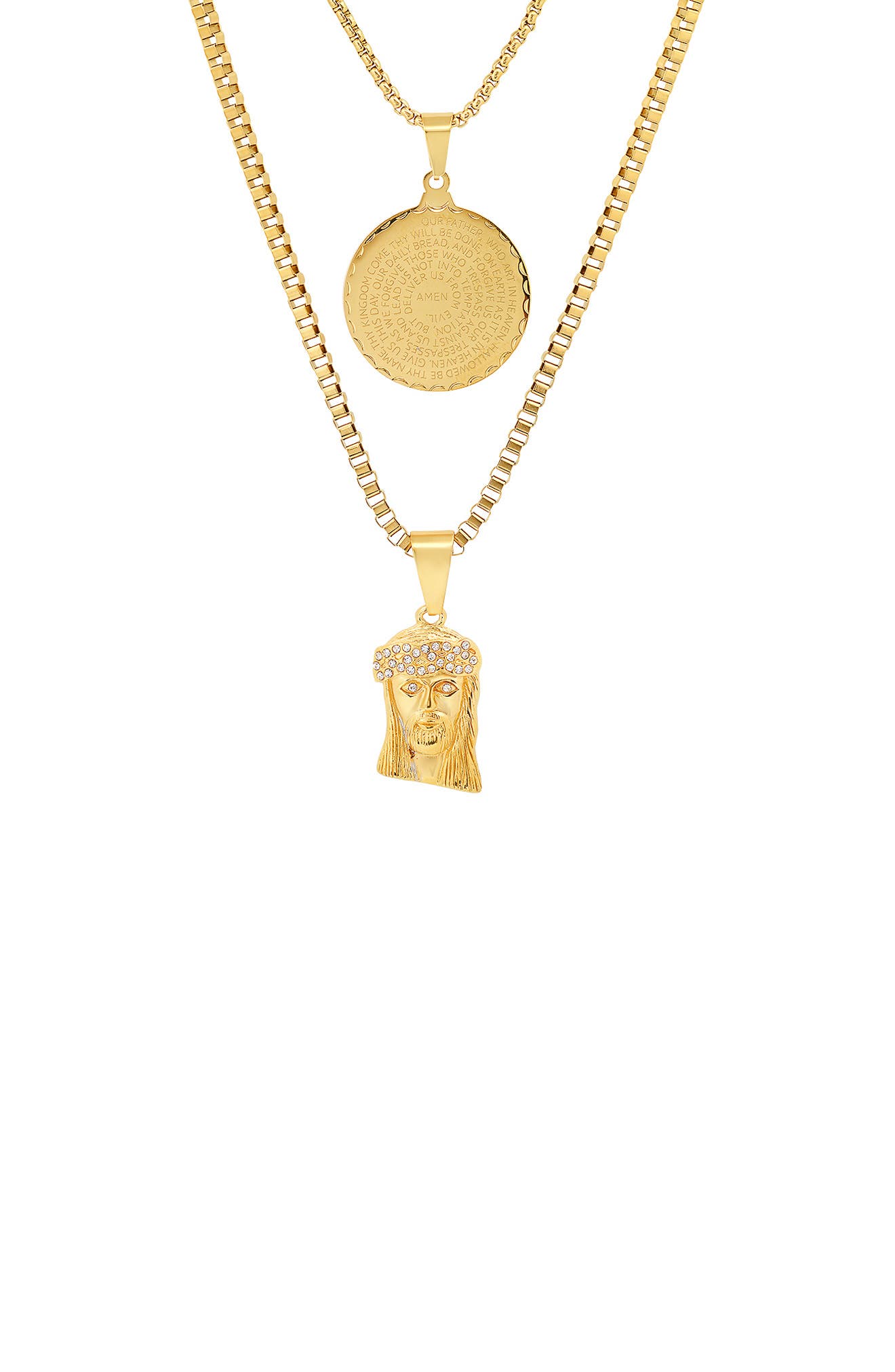 HMY JEWELRY Men's 18K Yellow Gold Plated Stainless Steel Layered Pendant Necklace
