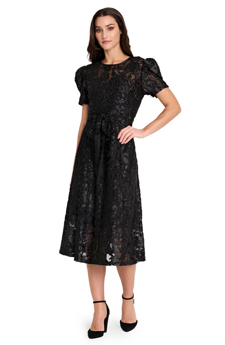 Tahari ASL Floral Burnout Puff Sleeve Midi Dress, Alternate, color, Black