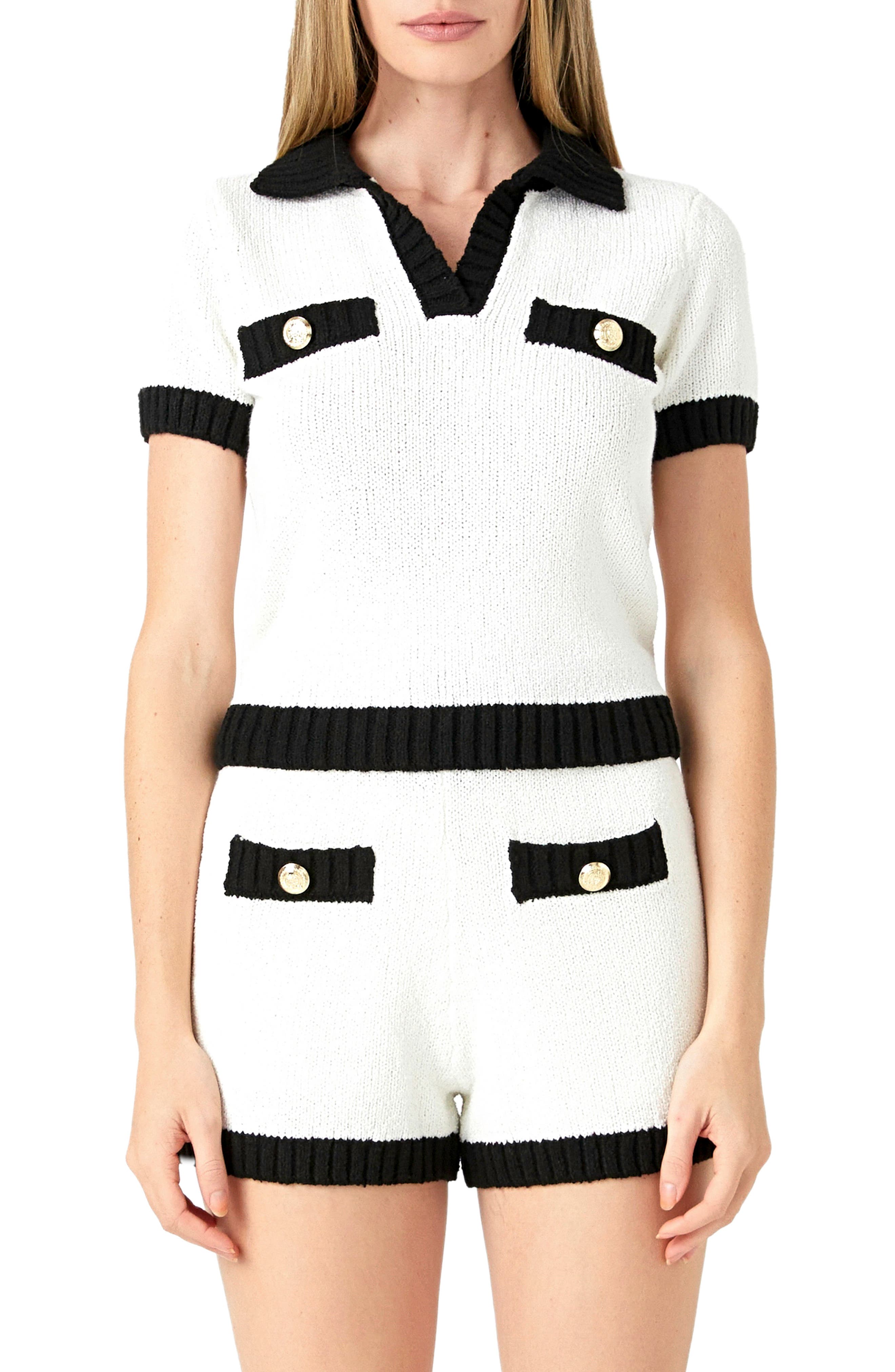 Endless Rose Contrast Detail Short Sleeve Sweater In Ivory/black
