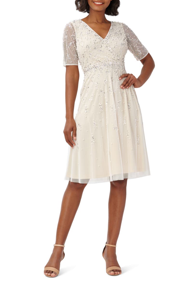 Beaded Tea Length Cocktail Dress, Main, color, IVORY/ PEARL